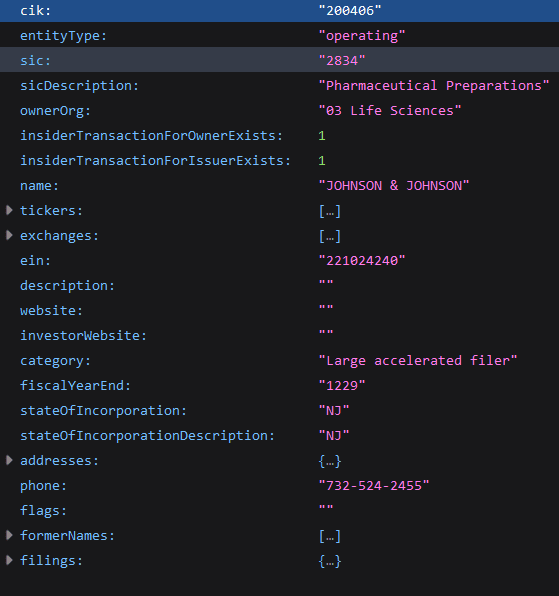 json structure with sec submissions information