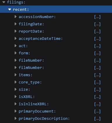 json structure with lists of sec filing metadata