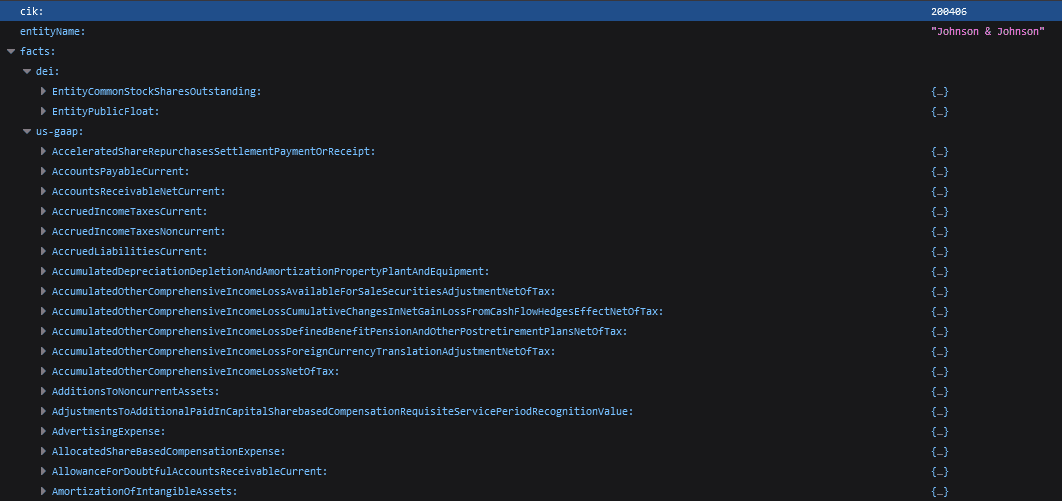 json structure showing result of company facts API call