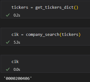 screenshot of interactive python terminal showing execution of get_tickers_dict() and company_search()