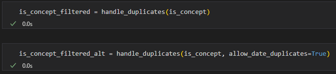 screenshot of interactive python terminal showing execution of handle_duplicates()